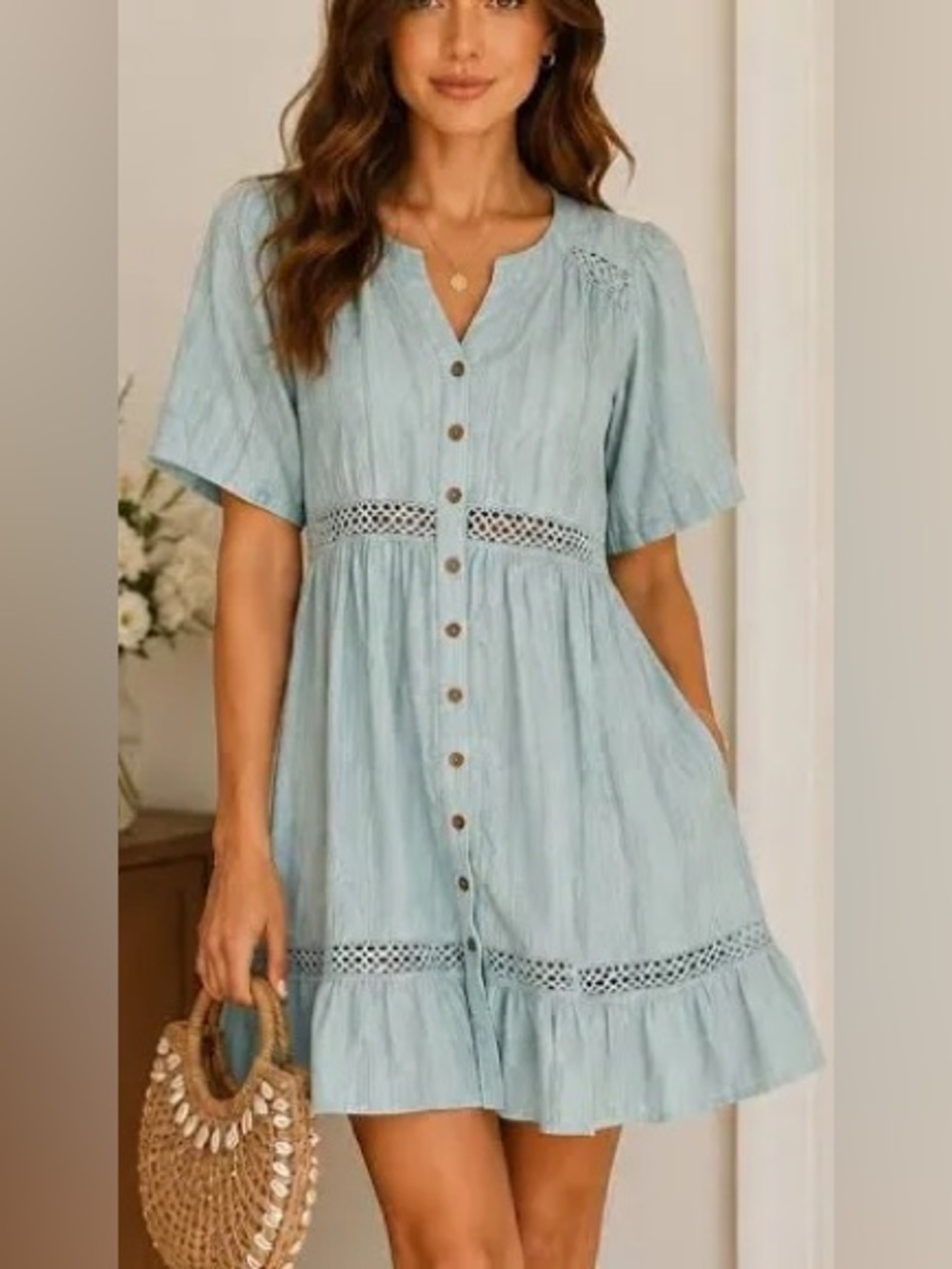 Knox Rose Light Blue Button-Front Short Sleeve Dress
